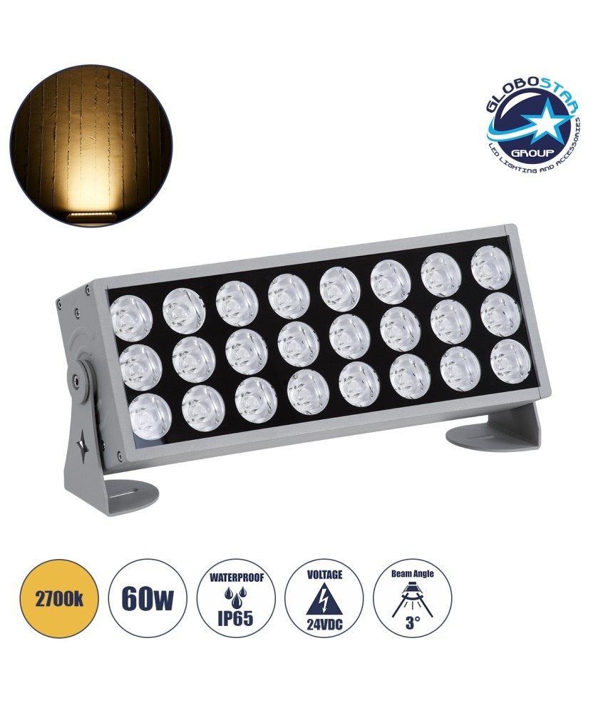 GLOBOSTAR® FLOODZENA 90219 Προβολέας Σποτ Wall Washer LED 60W 5400lm 3° DC 24V Αδιάβροχο IP65 Θερμό Λευκό 2700K Dimmable - CREE XPE Chip - Γκρι Ανθρακί Μ37 x Π9 x Υ26.5cm - 3 Χρόνια Εγγύηση